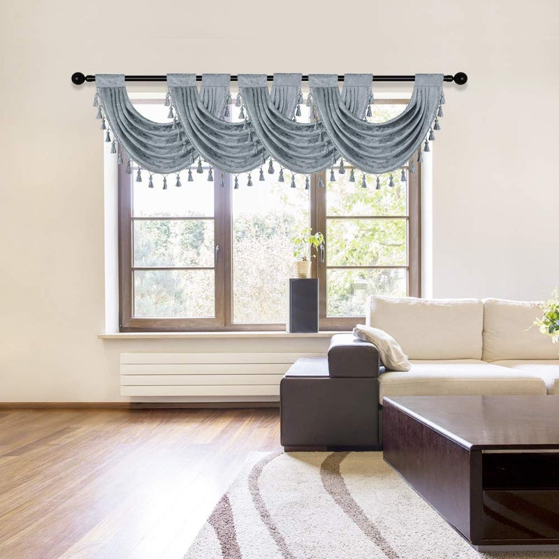 ELKCA Thick Chenille Waterfall Swag Valances for Living Room Silver Grey Valance Curtains for Kitchenï¼ŒPack of 4 (Silver Grey, 30" W x 22" L) - Image 1